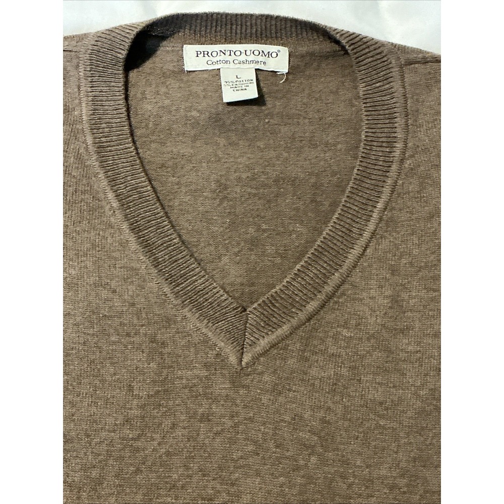 Pronto Uomo Cotton Cashmere Sweater Mens Size Large Long Sleeve V Neck Tan Brown